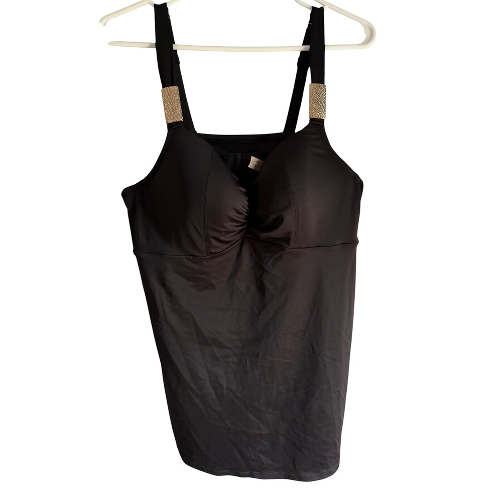 Swim by Cacique Black Rhinestone Strap Tankini Top Underwire 40D Swimwear